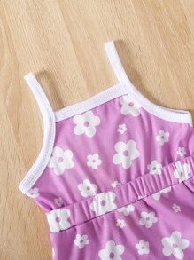 SHEIN Baby Girl Floral Print Ruffle Trim Cami Romper - Lilac Purple - View 8