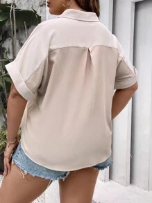 SHEIN Unity 大碼補丁貼口袋蝙蝠袖襯衫 - 卡其色 - 查看 2