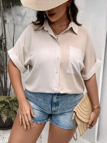 SHEIN Unity 大碼補丁貼口袋蝙蝠袖襯衫 - 卡其色 - 查看 3