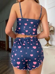 Heart Print Lace Trim PJ Set - Navy Blue - View 2