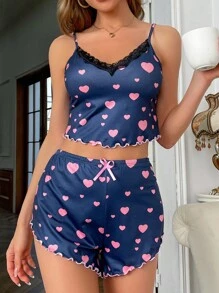 Heart Print Lace Trim PJ Set - Navy Blue - View 5