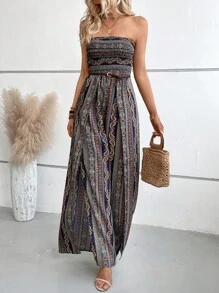 Breezaya Paisley Print Shirred Split Thigh Tube Jumpsuit - Navy Blue - View 3