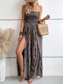 Breezaya Paisley Print Shirred Split Thigh Tube Jumpsuit - Navy Blue - View 4