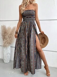 Breezaya Paisley Print Shirred Split Thigh Tube Jumpsuit - Navy Blue - View 6