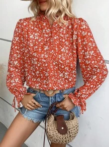 SHEIN VCAY In hoa Ditsy tay áo lá sen Áo sơ mi - Đỏ - Xem 3