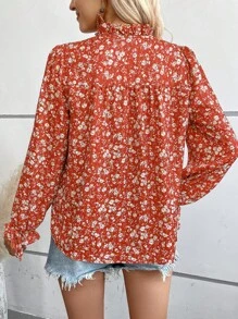 SHEIN VCAY In hoa Ditsy tay áo lá sen Áo sơ mi - Đỏ - Xem 4