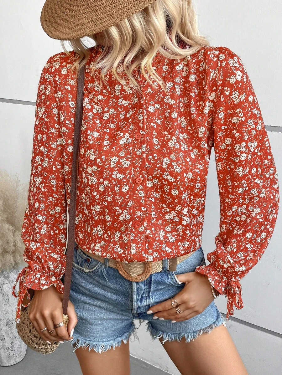 SHEIN VCAY In hoa Ditsy tay áo lá sen Áo sơ mi - Đỏ - Xem 1