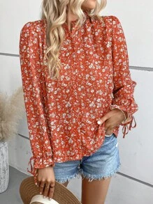 SHEIN VCAY In hoa Ditsy tay áo lá sen Áo sơ mi - Đỏ - Xem 2