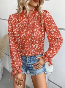 SHEIN VCAY In hoa Ditsy tay áo lá sen Áo sơ mi - Đỏ - Xem 5