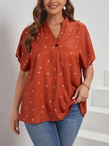 EMERY ROSE 大碼鳥印花蝙蝠袖襯衫 - 鏽棕色 - 查看 1