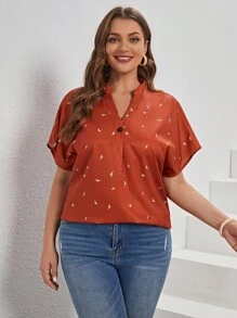 EMERY ROSE 大碼鳥印花蝙蝠袖襯衫 - 鏽棕色 - 查看 3