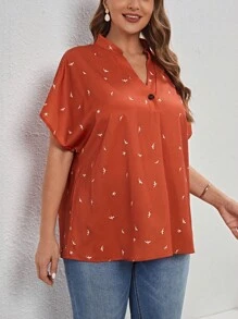 EMERY ROSE 大碼鳥印花蝙蝠袖襯衫 - 鏽棕色 - 查看 4