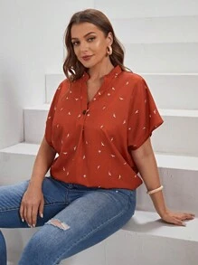 EMERY ROSE 大碼鳥印花蝙蝠袖襯衫 - 鏽棕色 - 查看 8