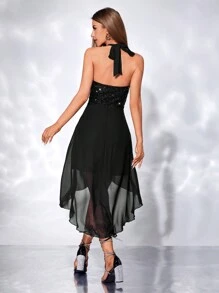 Zolique Contrast Sequin Mesh Insert Backless Halter Neck High Low Hem Dress For Holiday Party Clothes