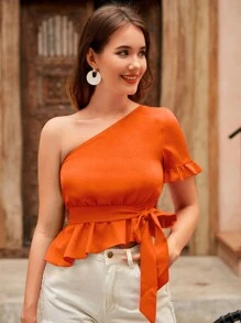 SHEIN VCAY 單肩腰帶花邊下擺上衣 - 橘色 - 查看 1