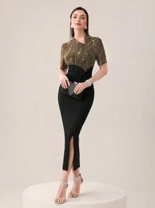 Modelyn 撞色印花高衩連衣裙 - 金色 - 查看 1