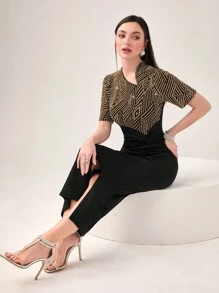 Modelyn 撞色印花高衩連衣裙 - 金色 - 查看 3