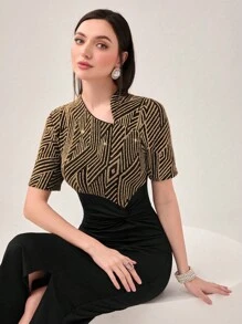 Modelyn 撞色印花高衩連衣裙 - 金色 - 查看 4