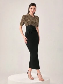 Modelyn 撞色印花高衩連衣裙 - 金色 - 查看 5