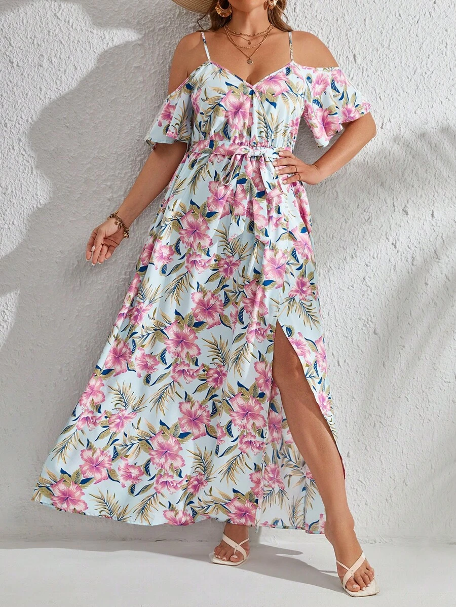 SHEIN VCAY Đầm Plus Size Thắt lưng Trọn gói Tách cao Hoa Tất cả trên in Boho - Nhiều màu - Xem 1