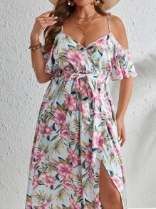 SHEIN VCAY Đầm Plus Size Thắt lưng Trọn gói Tách cao Hoa Tất cả trên in Boho - Nhiều màu - Xem 3