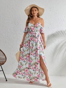 SHEIN VCAY Đầm Plus Size Thắt lưng Trọn gói Tách cao Hoa Tất cả trên in Boho - Nhiều màu - Xem 4