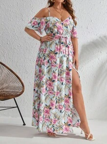 SHEIN VCAY Đầm Plus Size Thắt lưng Trọn gói Tách cao Hoa Tất cả trên in Boho - Nhiều màu - Xem 5