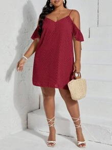 SHEIN VCAY Vestido de hombros descubiertos ribete con fruncido - Burdeos - Ver 3