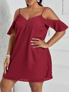 SHEIN VCAY Vestido de hombros descubiertos ribete con fruncido - Burdeos - Ver 4