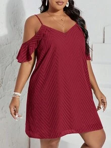 SHEIN VCAY Vestido de hombros descubiertos ribete con fruncido - Burdeos - Ver 5