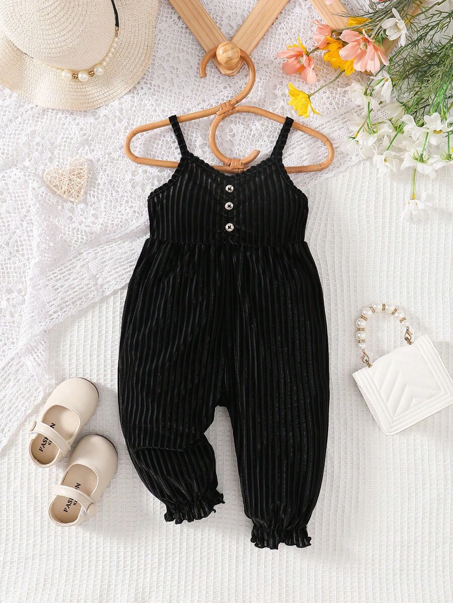 嬰兒紐扣細節荷葉邊吊帶連體褲 - 黑色 - 查看 1