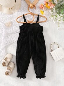 嬰兒紐扣細節荷葉邊吊帶連體褲 - 黑色 - 查看 2