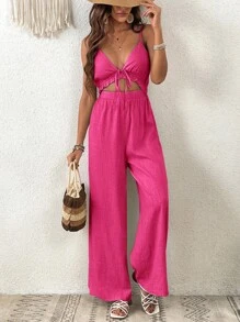 SHEIN VCAY Mono de tirantes con cordón delantero con abertura - Rosa Fucsia - Ver 3