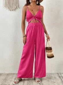 SHEIN VCAY Mono de tirantes con cordón delantero con abertura - Rosa Fucsia - Ver 4