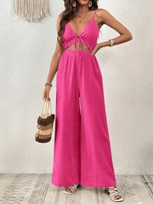 SHEIN VCAY Mono de tirantes con cordón delantero con abertura - Rosa Fucsia - Ver 5