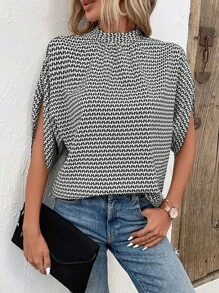 SHEIN LUNE 滿版印花蝙蝠袖襯衫 - 黑與白 - 查看 3