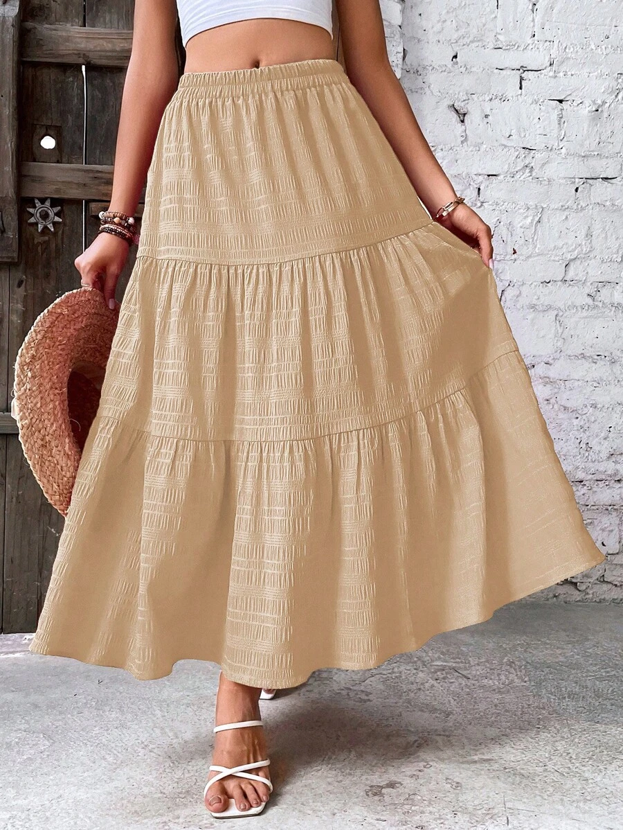 SHEIN VCAY 素色多層下擺半身裙 - 卡其色 - 查看 1