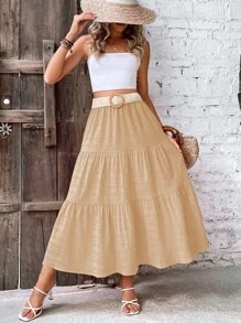 SHEIN VCAY 素色多層下擺半身裙 - 卡其色 - 查看 3