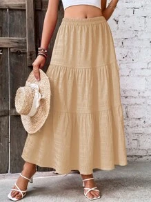 SHEIN VCAY 素色多層下擺半身裙 - 卡其色 - 查看 4