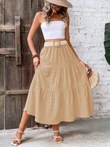 SHEIN VCAY 素色多層下擺半身裙 - 卡其色 - 查看 6