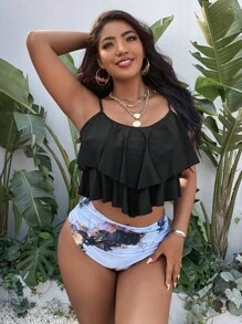 SHEIN Swim Curve Plus Size Bộ Bikini Ruffle Hem In Đá Cẩm Thạch Đi Biển Mùa Hè - Nhiều màu - Xem 1