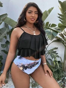 SHEIN Swim Curve Plus Size Bộ Bikini Ruffle Hem In Đá Cẩm Thạch Đi Biển Mùa Hè - Nhiều màu - Xem 3