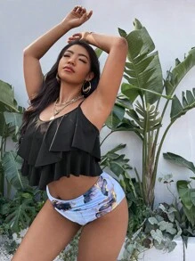 SHEIN Swim Curve Plus Size Bộ Bikini Ruffle Hem In Đá Cẩm Thạch Đi Biển Mùa Hè - Nhiều màu - Xem 4