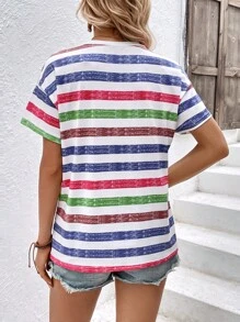 SHEIN LUNE 條紋印花落肩T恤 - 彩色 - 查看 2