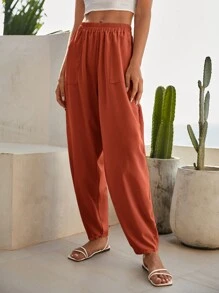 SHEIN VCAY 素色斜口袋蘿蔔褲 - 鏽棕色 - 查看 4