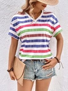 SHEIN LUNE 條紋印花落肩T恤 - 彩色 - 查看 3