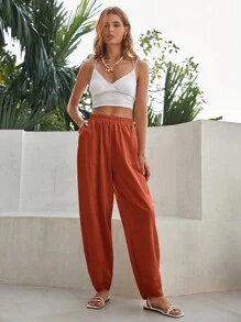 SHEIN VCAY 素色斜口袋蘿蔔褲 - 鏽棕色 - 查看 5