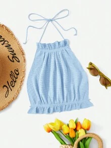 SHEIN VCAY Solid Ruffle Hem Halter Tie Backless Summer Beach Women Cami Top - Baby Blue - View 1