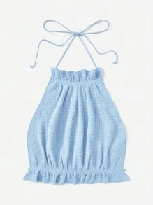 SHEIN VCAY Solid Ruffle Hem Halter Tie Backless Summer Beach Women Cami Top - Baby Blue - View 3
