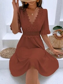 SHEIN VCAY Guipure Lace Panel Flounce Sleeve Dress - Rust Brown - View 1